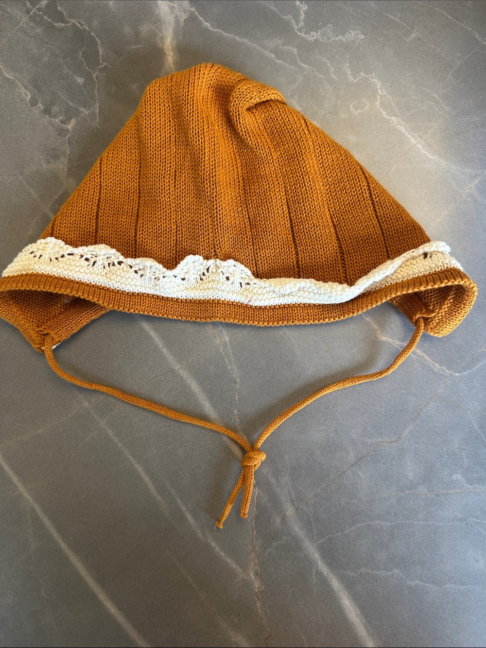 Kids Knit Bonnet with Cream Lace Trim - Mustard